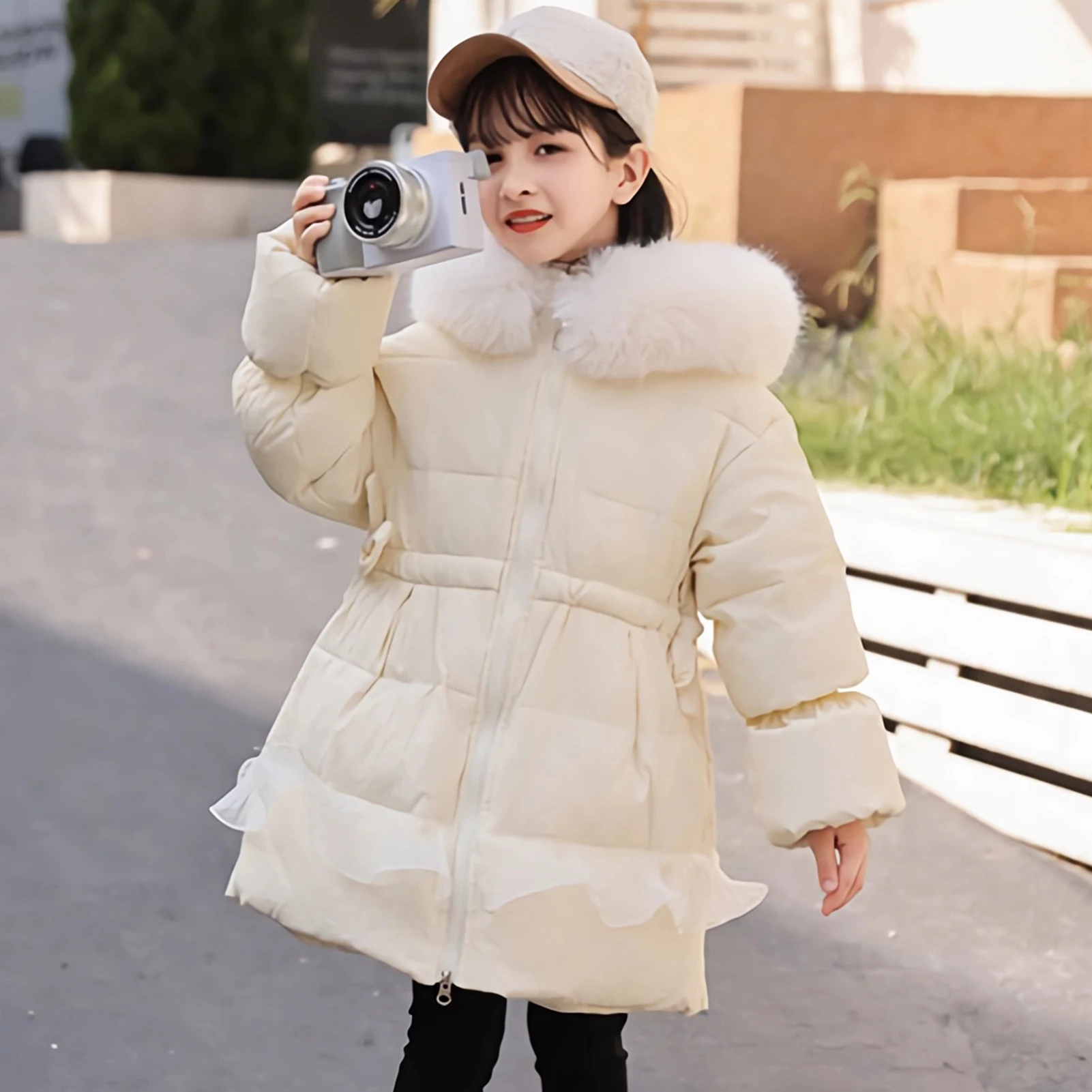 Girls Down Jacket,Fur Hood Big Bow Kids Puffer Coat,Winter Warm Windproof Children's Quilted Paka,Lace Fashion Toddlers Overcoat