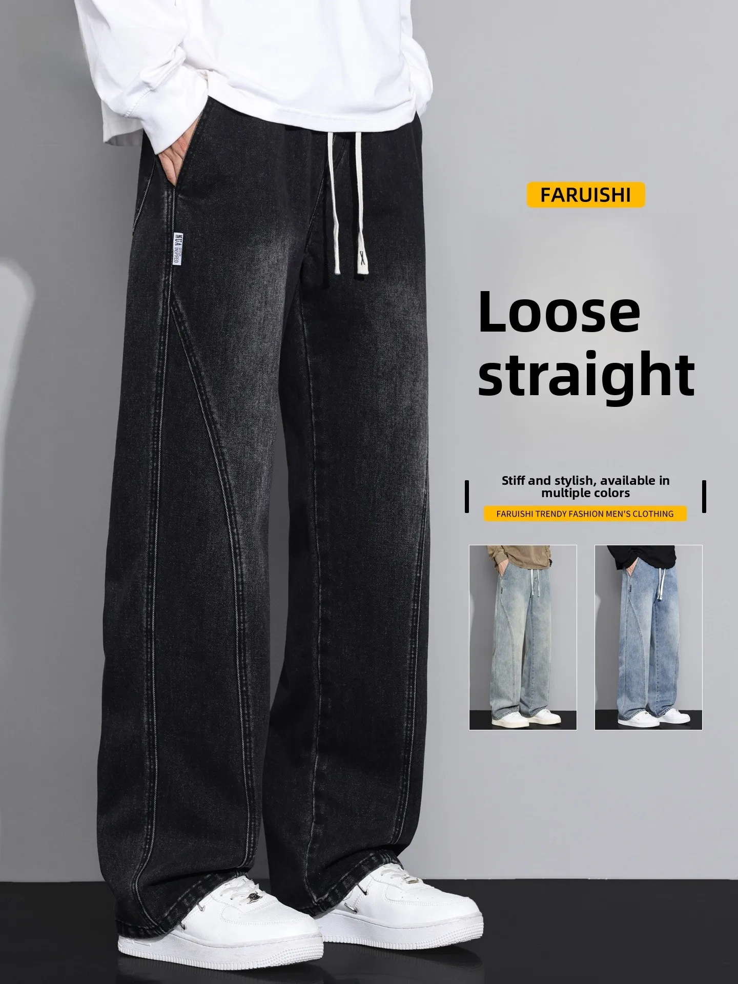

Loose Straight Leg Men's Jeans Black Grey Spring Autumn Style American Retro Wide Leg Pants Casual Wear Cotton Polyester Blend