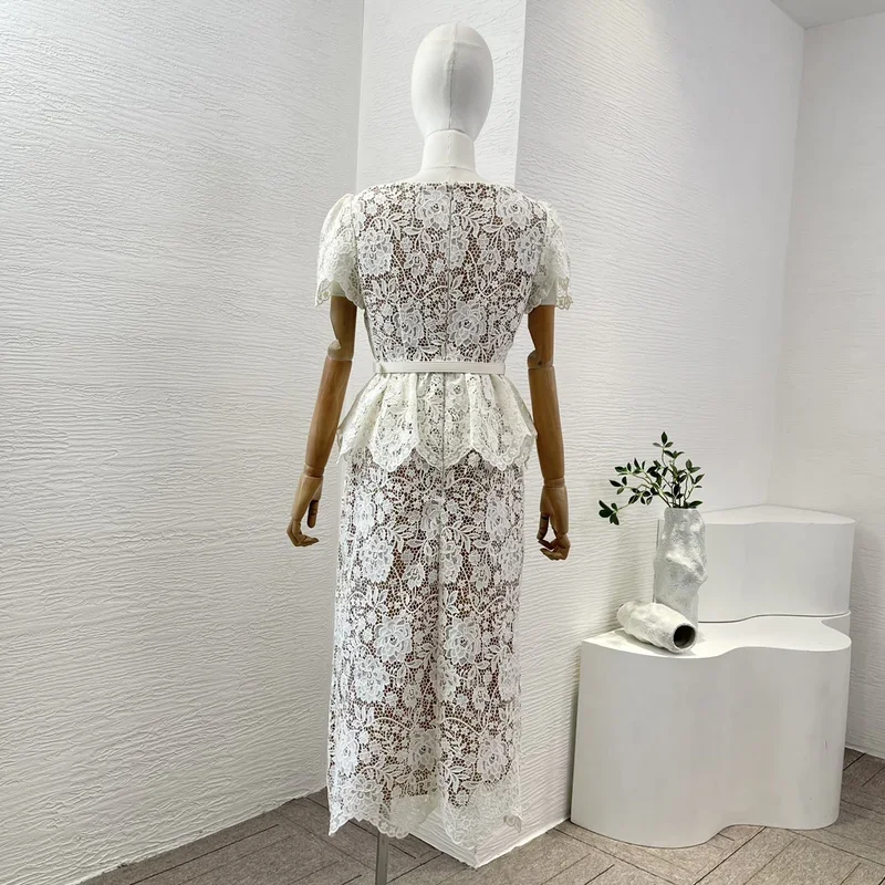 Holiday White Lace Patchwork Short Sleeve Elegant 2024 New High Quality Hook Floral Hollow Woman Summer Party Dresses