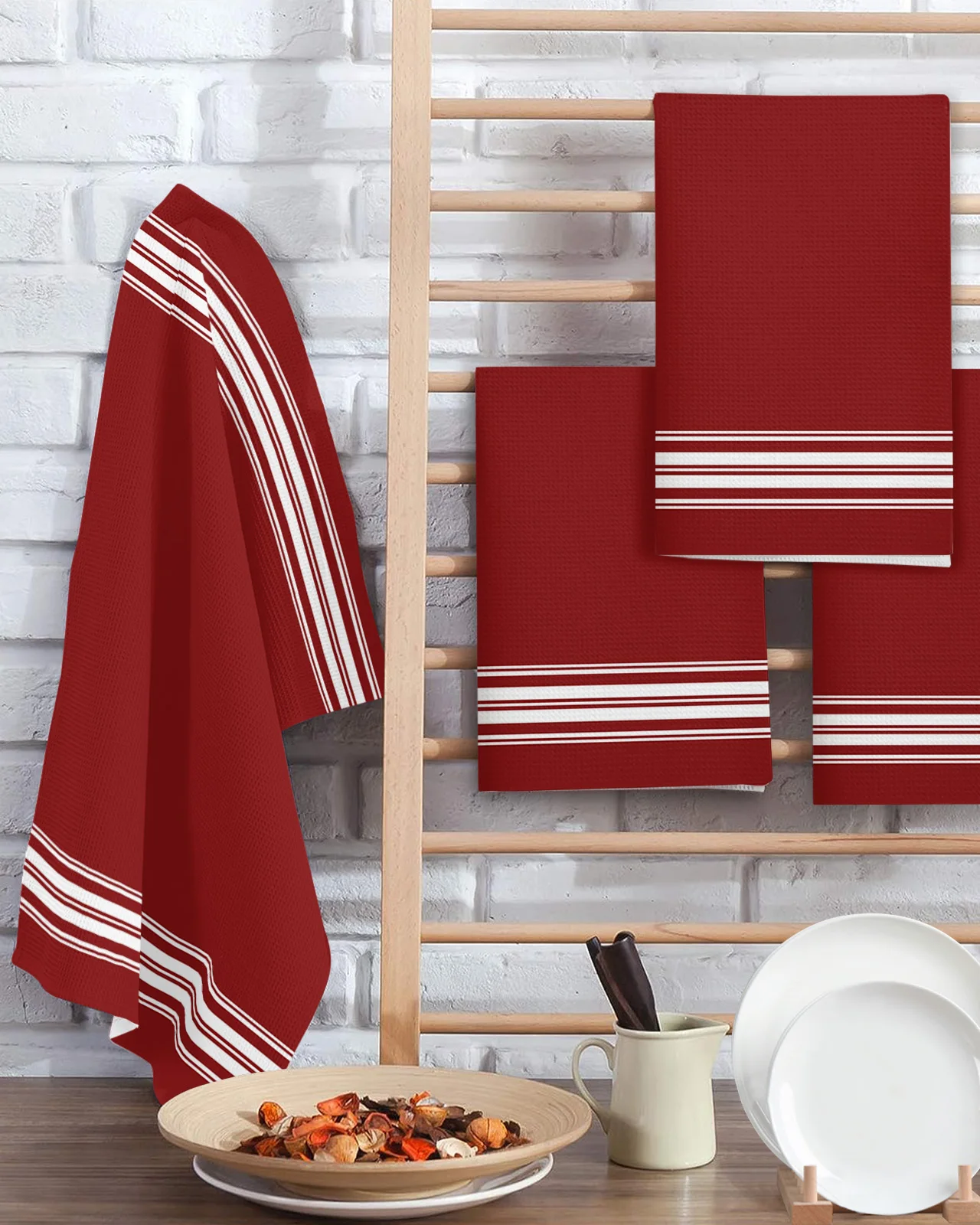 Christmas Wine Red Striped Country House 2/3/4PCS Kitchen Cleaning Cloth Towel Waffle Towel No Trace Dishcloth Rag Scouring Pad