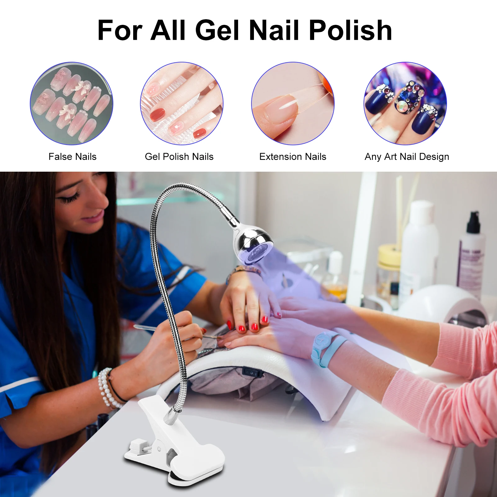 Lámpara UV para uñas de 395 nm, lámpara de curado de uñas de gel alimentada por USB, secador de uñas de esmalte de gel portátil con encendido/apagado, abrazadera fuerte, 360 °   Rota Rota- mostrar título original