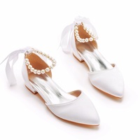 Wedding Shoes Bride Flat Heel Pointed Hollow Sandals Women White Satin Beaded Bride's Wedding Dress Shoes Sandalias