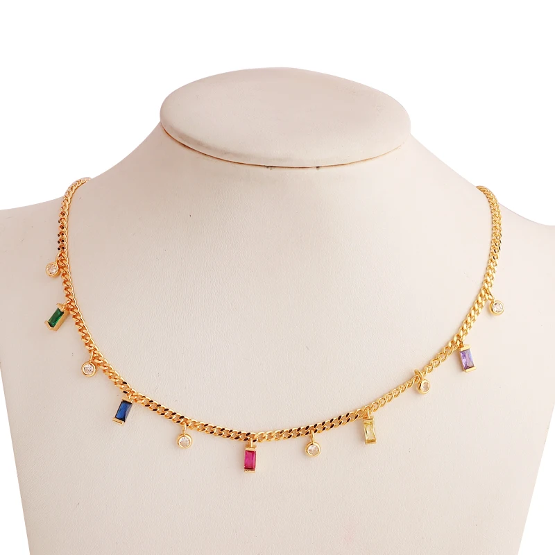 Colar de corrente cubana com pingente de zircônia colorida para mulheres, banhado a ouro 18K, charmoso e robusto, bijuteria para festas.