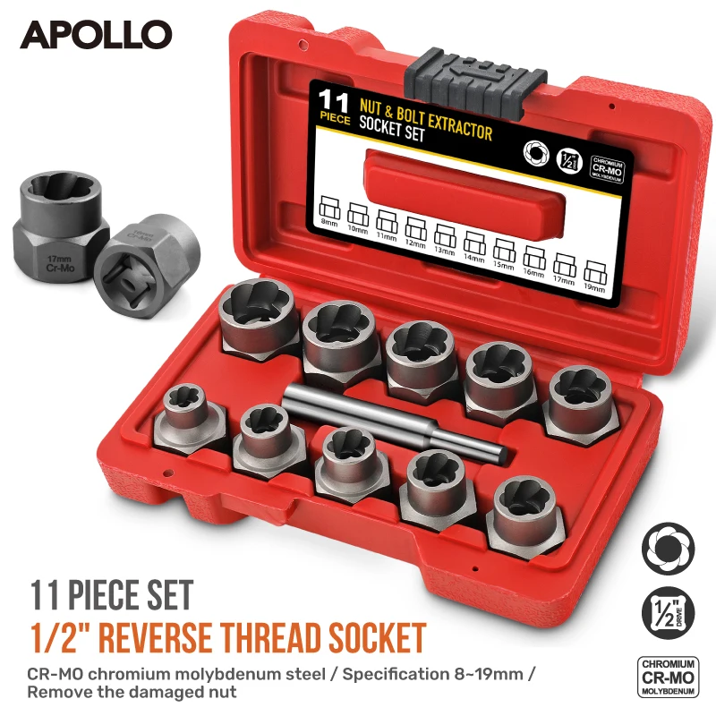 مستخرج صامولة أبولو التالفة/الصدأ، مقبس تأثير الخيط العكسي مع مزيل مضاد للسرقة للإطارات المقطوعة وإصلاح السيارات