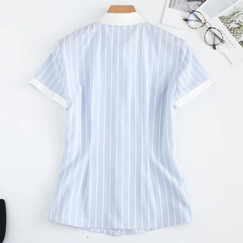 NAVIU Bow Stripes Shirt Women V Neck Summer Chiffon Patchwork Koresn Short Sleeve Blue Blouses