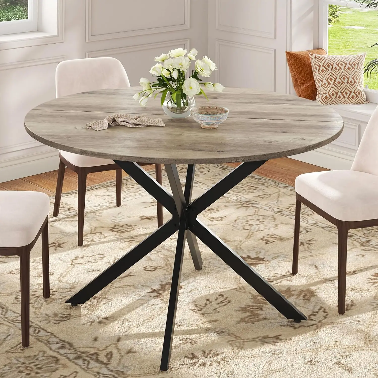 

47-Inch Round Dining Table for 4, Space-Saving Farmhouse Design with Metal Frame, Light Ivory Finish for Living & Dining Rooms
