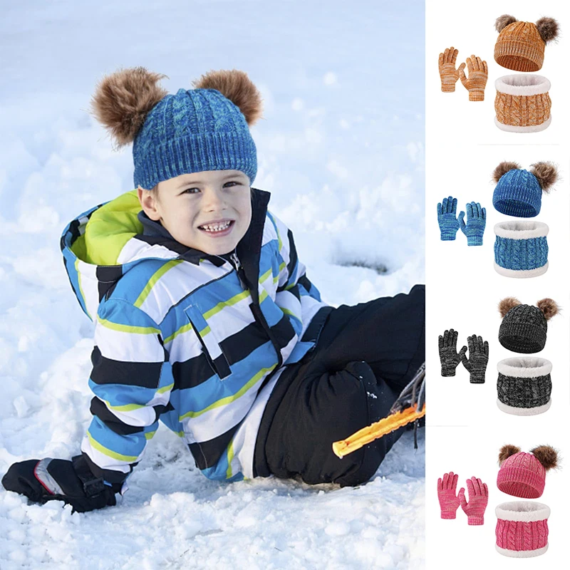 Beanies Baby Hat Pompom Winter Children Hat Knitted Cute Cap Scarf Gloves Suit For Girl Boy Casual Solid Color Hat Baby Beanies