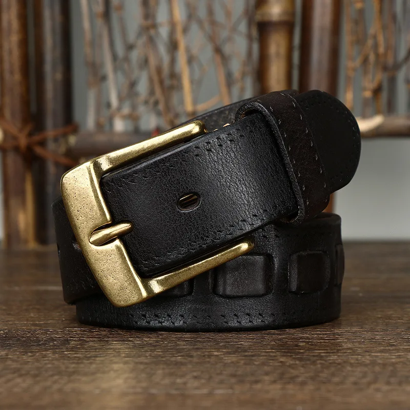 Men's retro fashion trend all-match pure cowhide copper buckle genuine leather belt casual braided belt