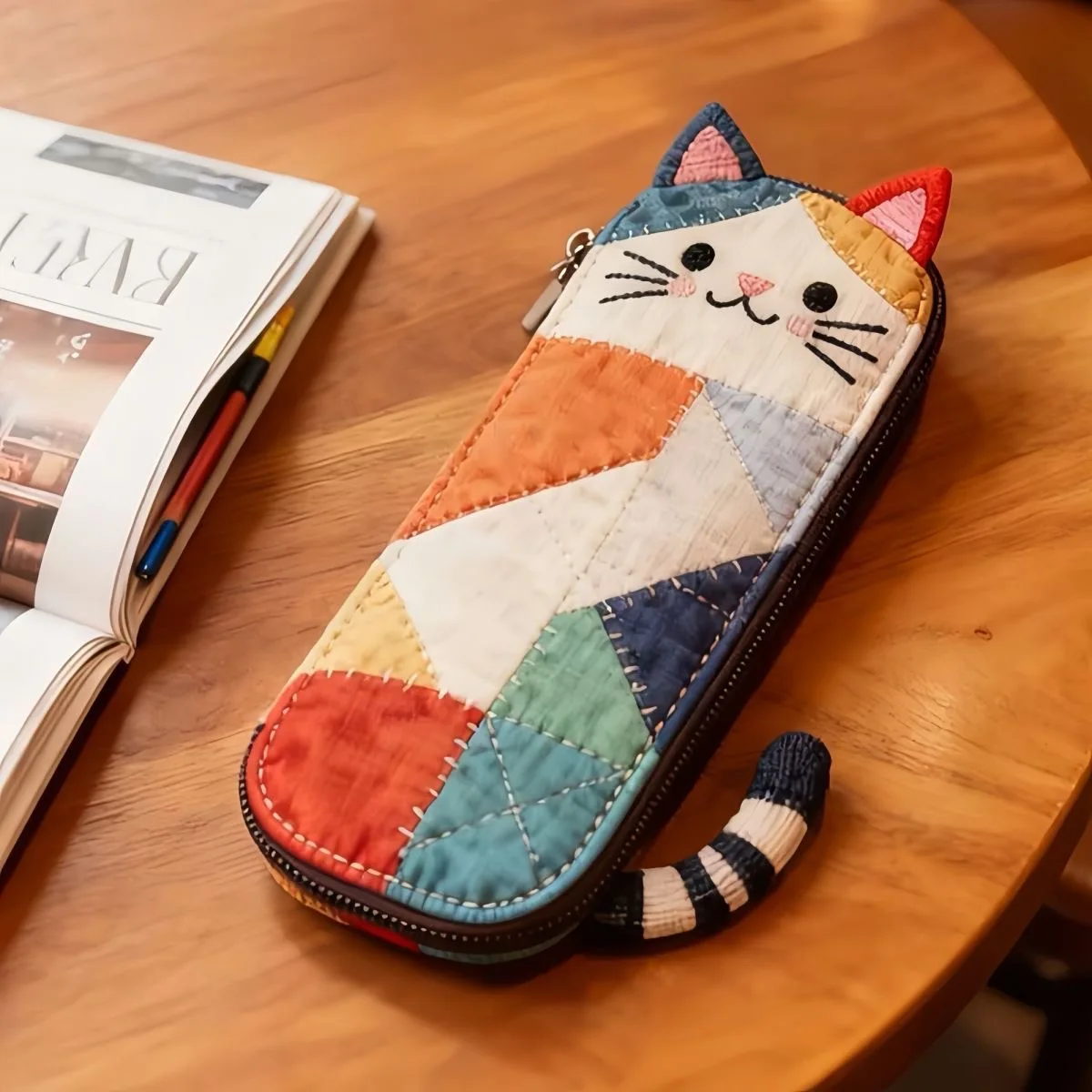 Estuche para lápices de retazos de estilo japonés, bloque de color y diseño de gato de dibujos animados, lindos útiles escolares para niñas