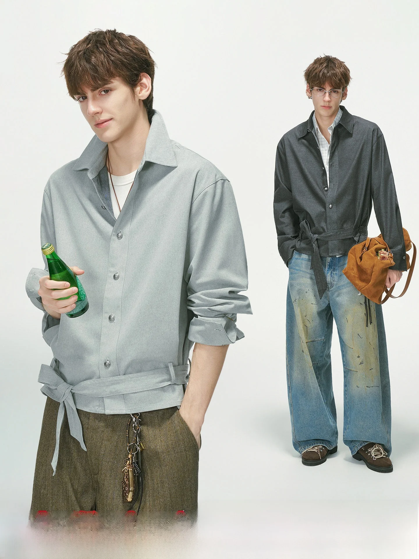  High Intelligence Belted Jacket for Men Autumn Design Preppy Style Men's Shirt Outerwear Cotton Blend Fabric