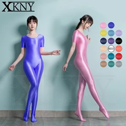 XCKNY Sexy Seamless Glossy Silky tights round neck short sleeve full body tights smooth sports Yoga sportswear Wetsuit Bathing