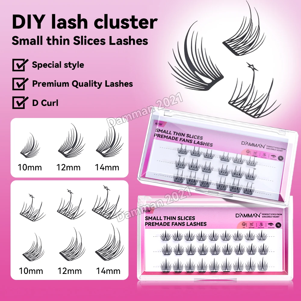 Damman Indywidualne Sztuczne Rzęsy D Curl Małe Cienkie Rzęsy w Kępkach 10-14mm Naturalne Segmentowe Rzęsy Narzędzia do Makijażu