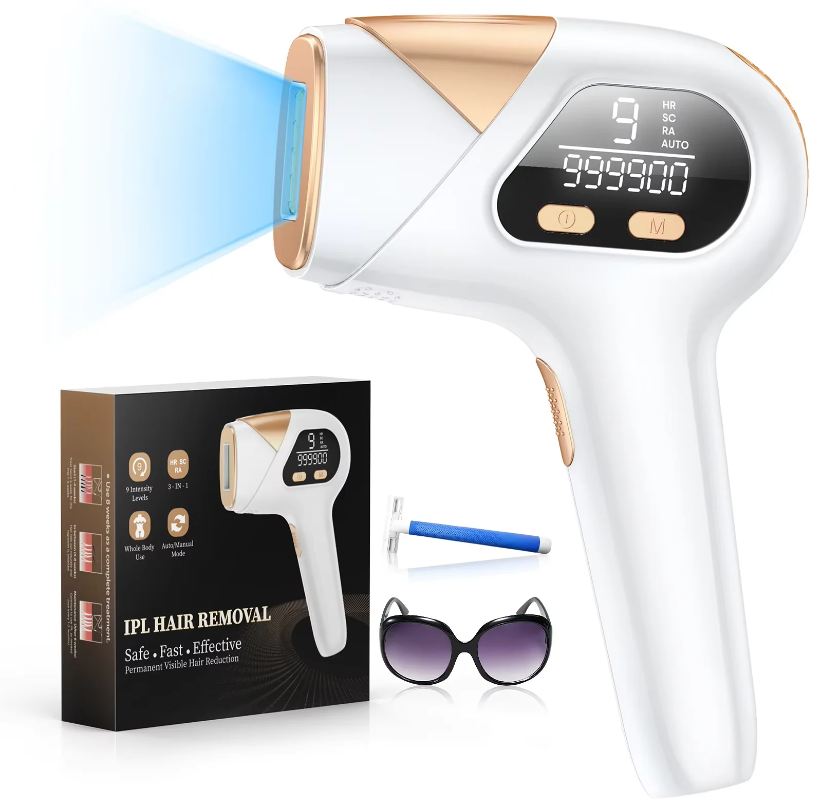 Laser Hair Removal IPL 3-in-1 999900 Flashes 9 Levels depilador for Face Armpits Arms Bikini Line Legs Home Epilator Women Men