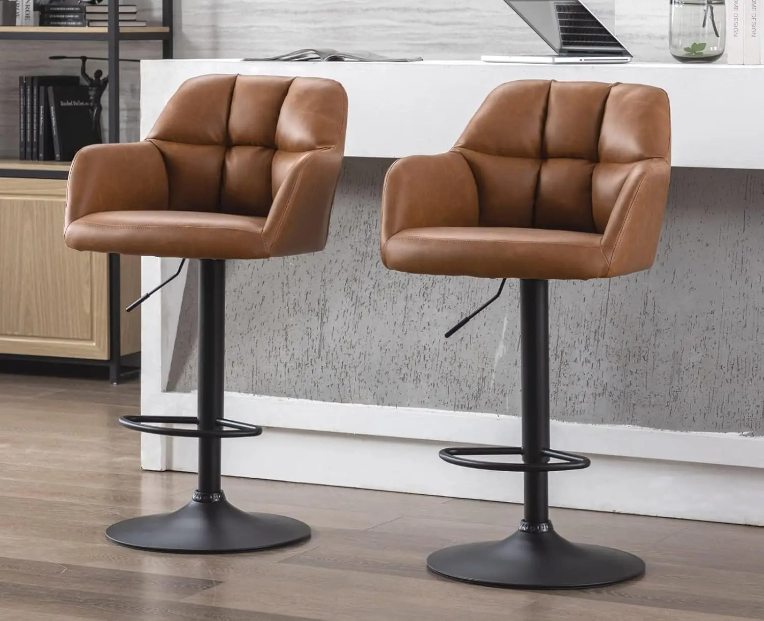 CIMOTA Brown Leather Swivel Bar Stools Set of 2 Modern Bar Height Adjustable Barstools with Back Counter Height Bar Stools