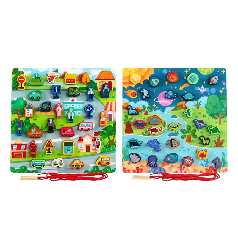 

Wood Lacing Beads Sensory Board Learning Toys With Chinese And English Words Ocean And Traffic Scenes Threading Toys For Toddler