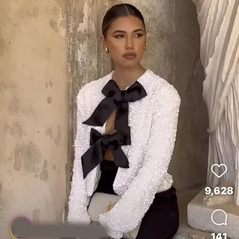 Cappotto da donna corto a maniche lunghe con paillettes o collo Cappotto da donna corto Capispalla Top chic Giacche da donna legate con fiocco Abbigliamento donna