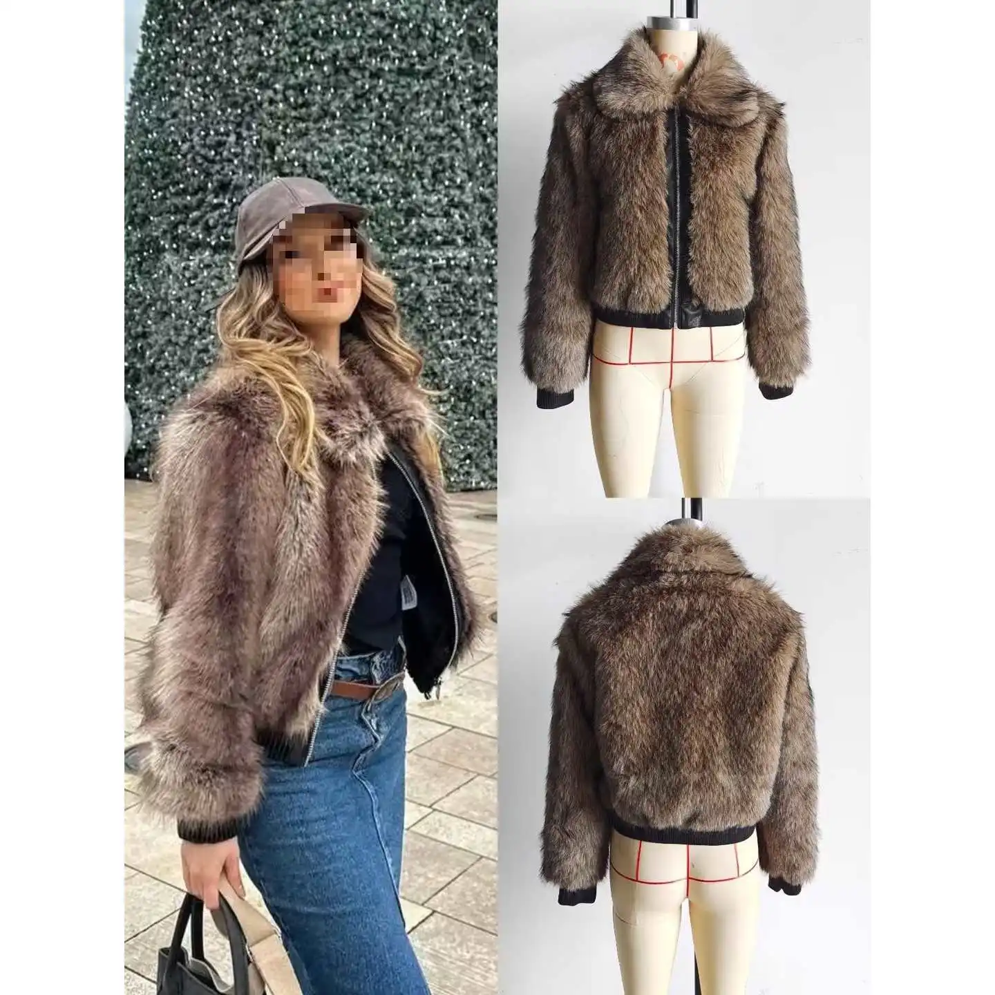 

Winter Jacket Coat Top Turn-down Collar Long Sleeve Zipper Faux Leather Women's Luxury Grass Patchwork