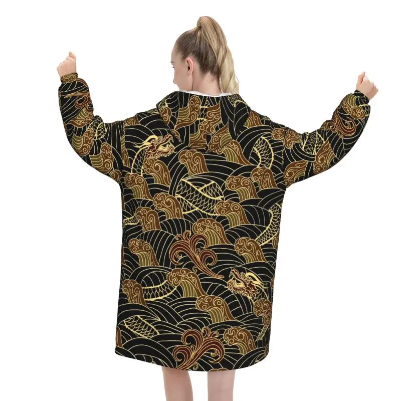 Custom Chinese Dragon Wearable Blanket Hoodie Oversized Sweatshirts Blanket Warm Cozy Flannel Fleece Sherpa Blanket with Pockets