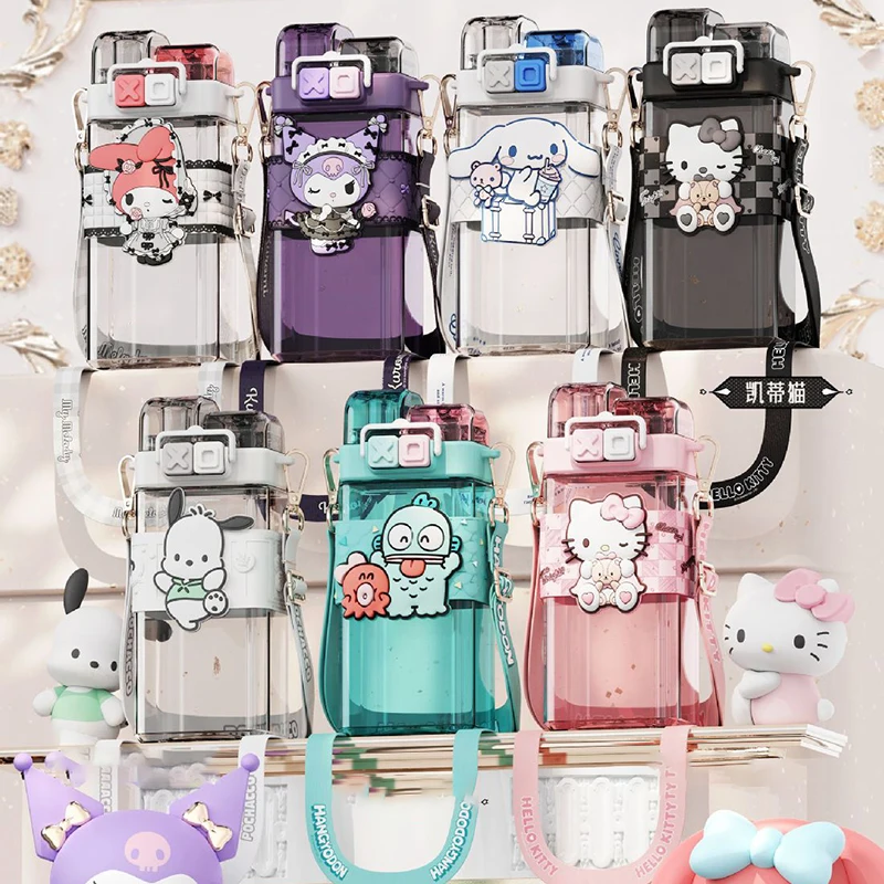 

Cartoon Sanrio Cute Kuromi Large Capacity Double Drinking Plastic Water Cup High Appearance My Melody Square Straw Cup Girl Gift