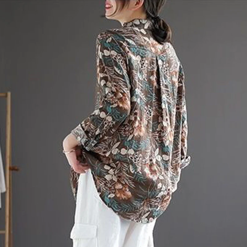 Vintage Floral Print Cotton Linen Button Up Shirt Spring Autumn Fashion Casual Loose Long Sleeve Tops Blouses for Women Clothes