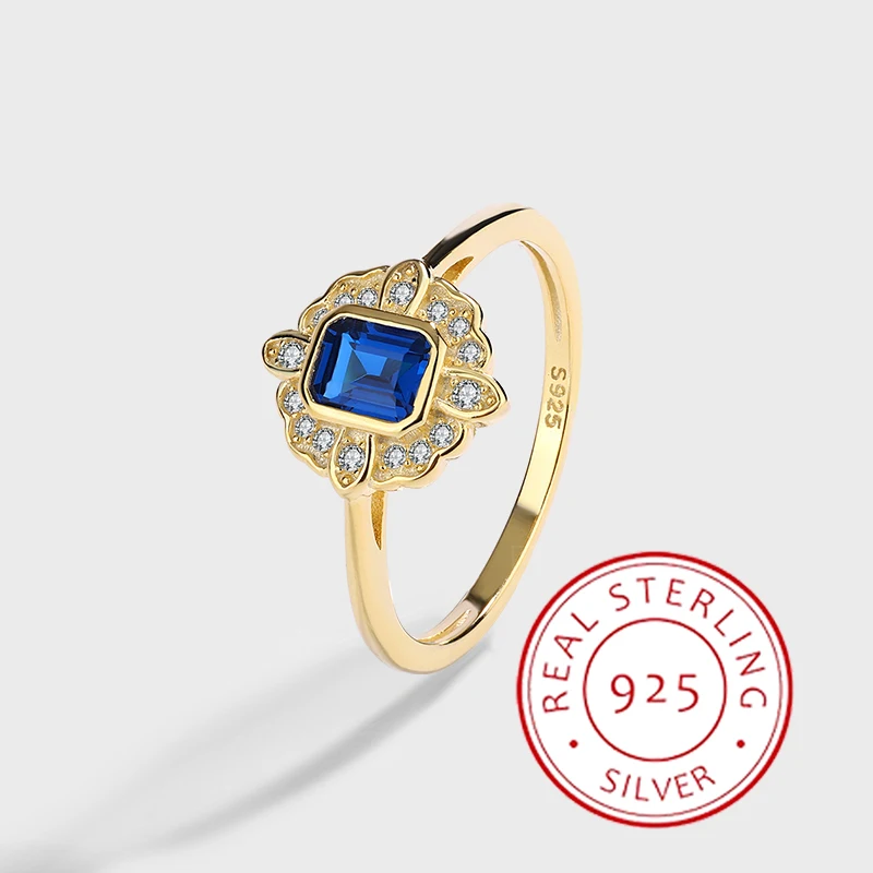 

Niche Design Unique Authentic S925 Silver 14K Gold Square Aquamarine Light Luxury Ring Ring