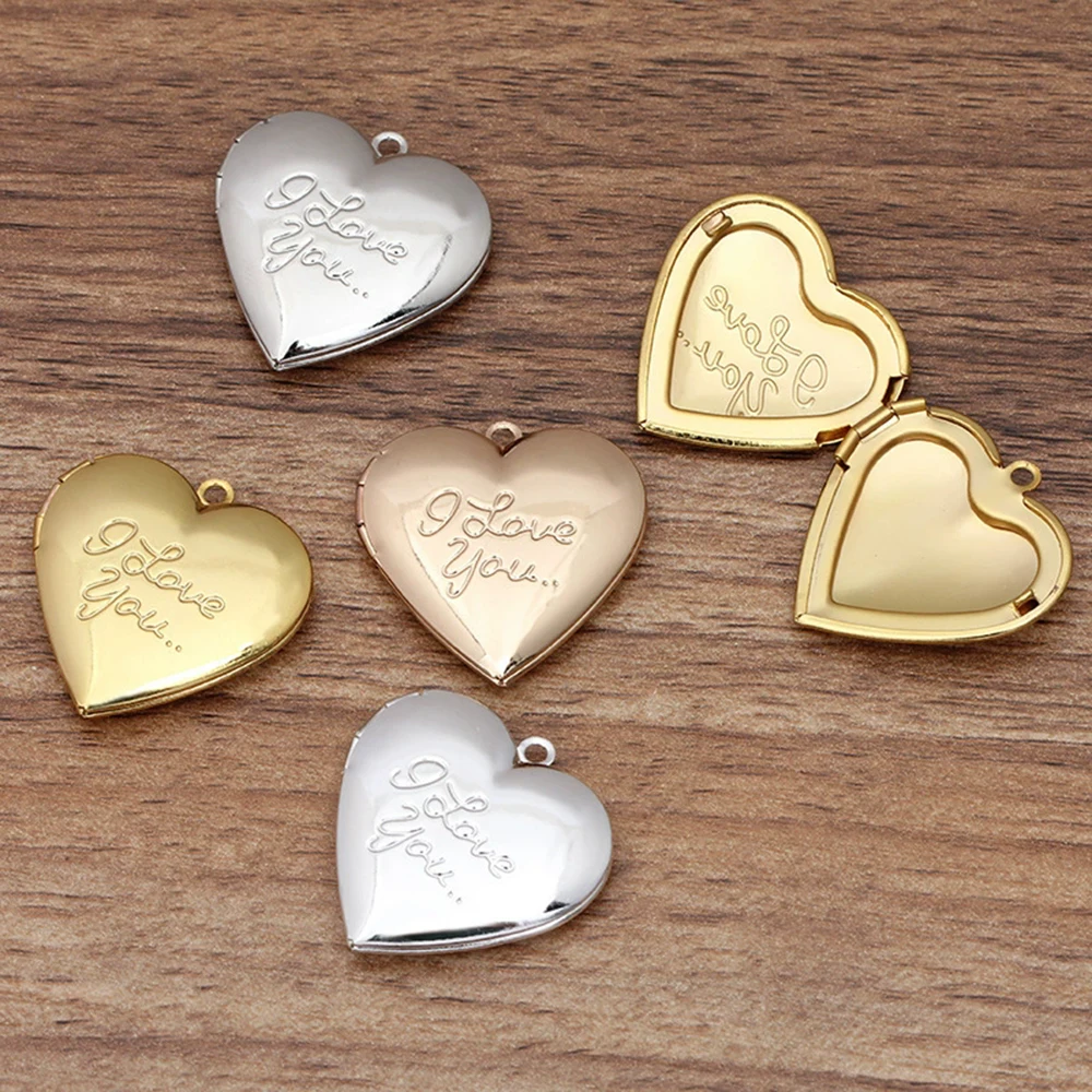 30Pcs/Lot  I Love You Heart Steel Gold Color Photo Locket Pendants For Necklace Copper picture frame charms Diy Pendant Jewelry