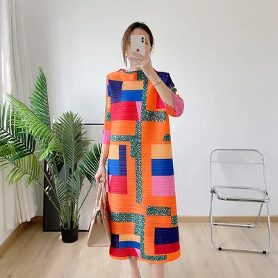 

HOT SELLING Miyake Fashion fold patchwork print slash neck dress IN STOCK