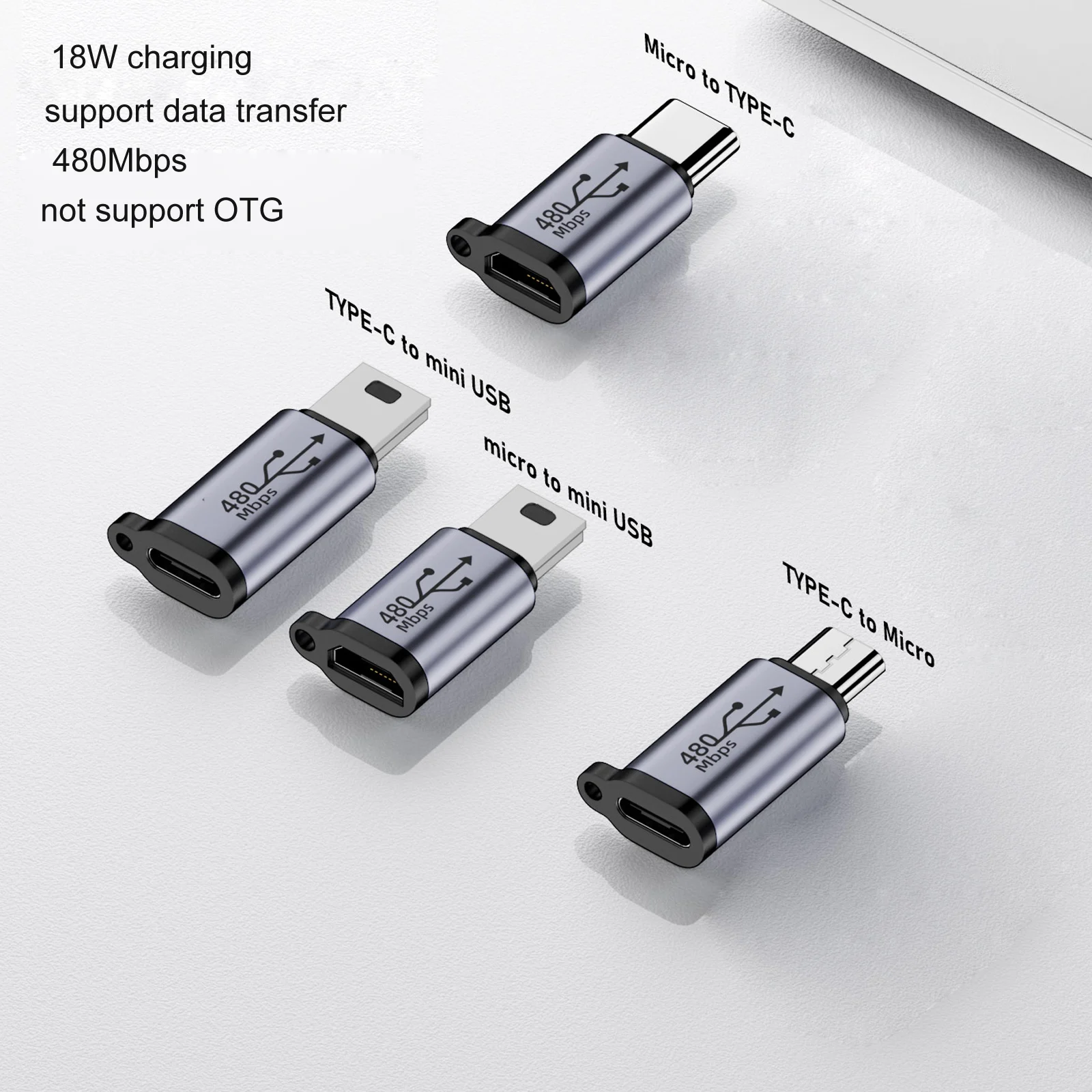 

1pc Type-C to Micro USB Mini USB Adapter Converter 18W Aluminum Alloy Connector 480Mbps for Digital Camera, GPS Receiver