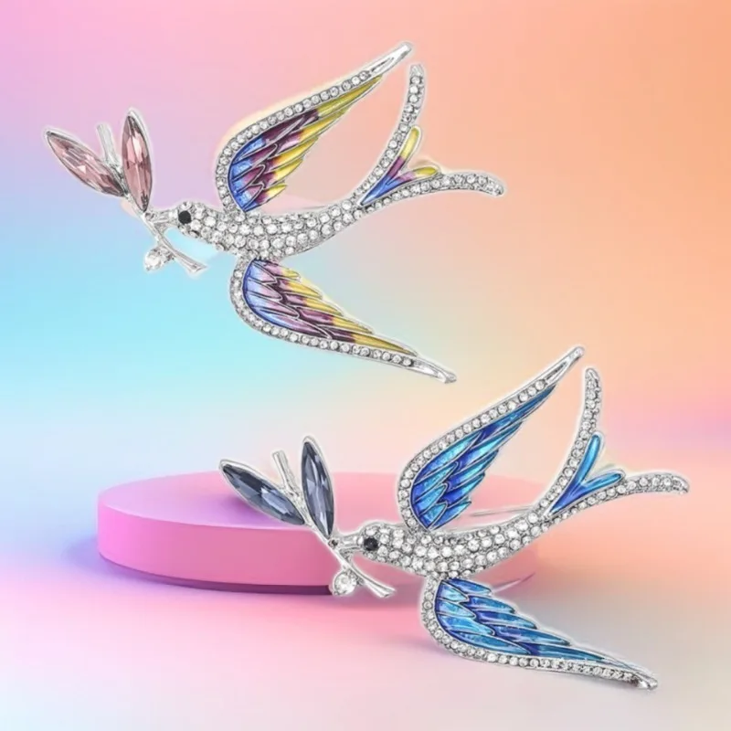 Swallow Holding A Branch Brooch Women's Alloy Rhinestone Bird Badge Fashionable and Versatile Suit Coat Corsage Jewelry Pin