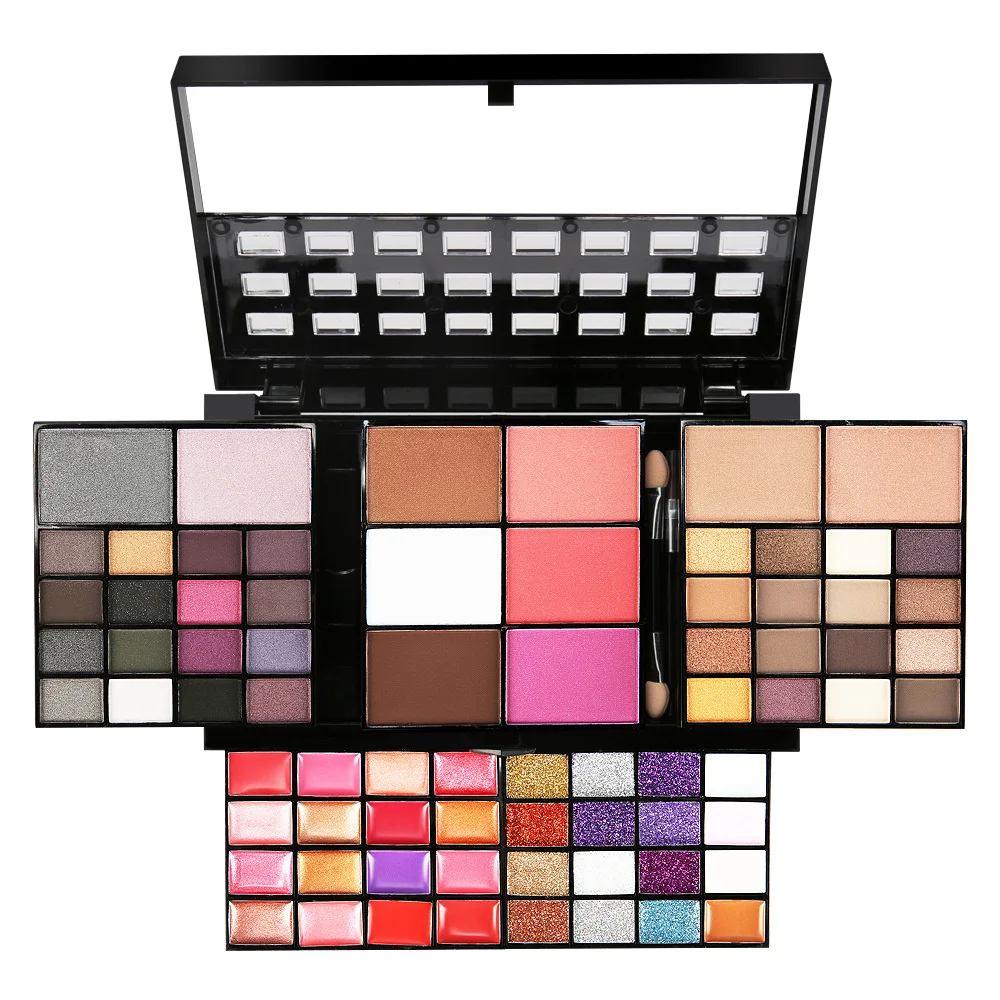 Juego de maquillaje de combinación de brillo de labios, sombra de ojos mate nacarada, bandeja correctora, lápiz labial Flash, caja de juego de cosméticos, 74 colores