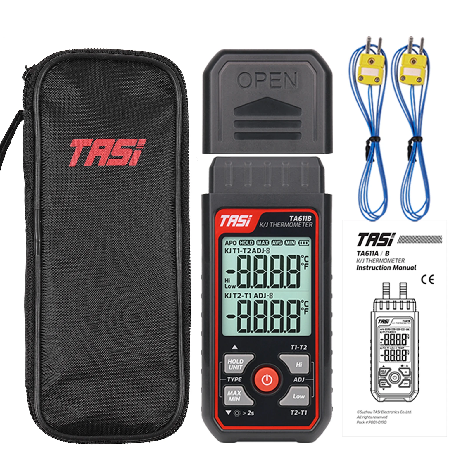 TASI TA611B K/J Thermometer Thermocouple Digital Temperature Meter Hi & Low Alarm Dual Channels 2pcs K-type Thermocouple Probes