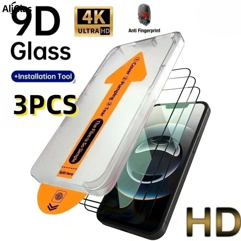 3 шт., закаленное стекло с полным покрытием для iPhone 17 16 15 Pro Max 16e 17 Air 14 13 12 Pro 15 14 Plus, защитная пленка для экрана без пыли