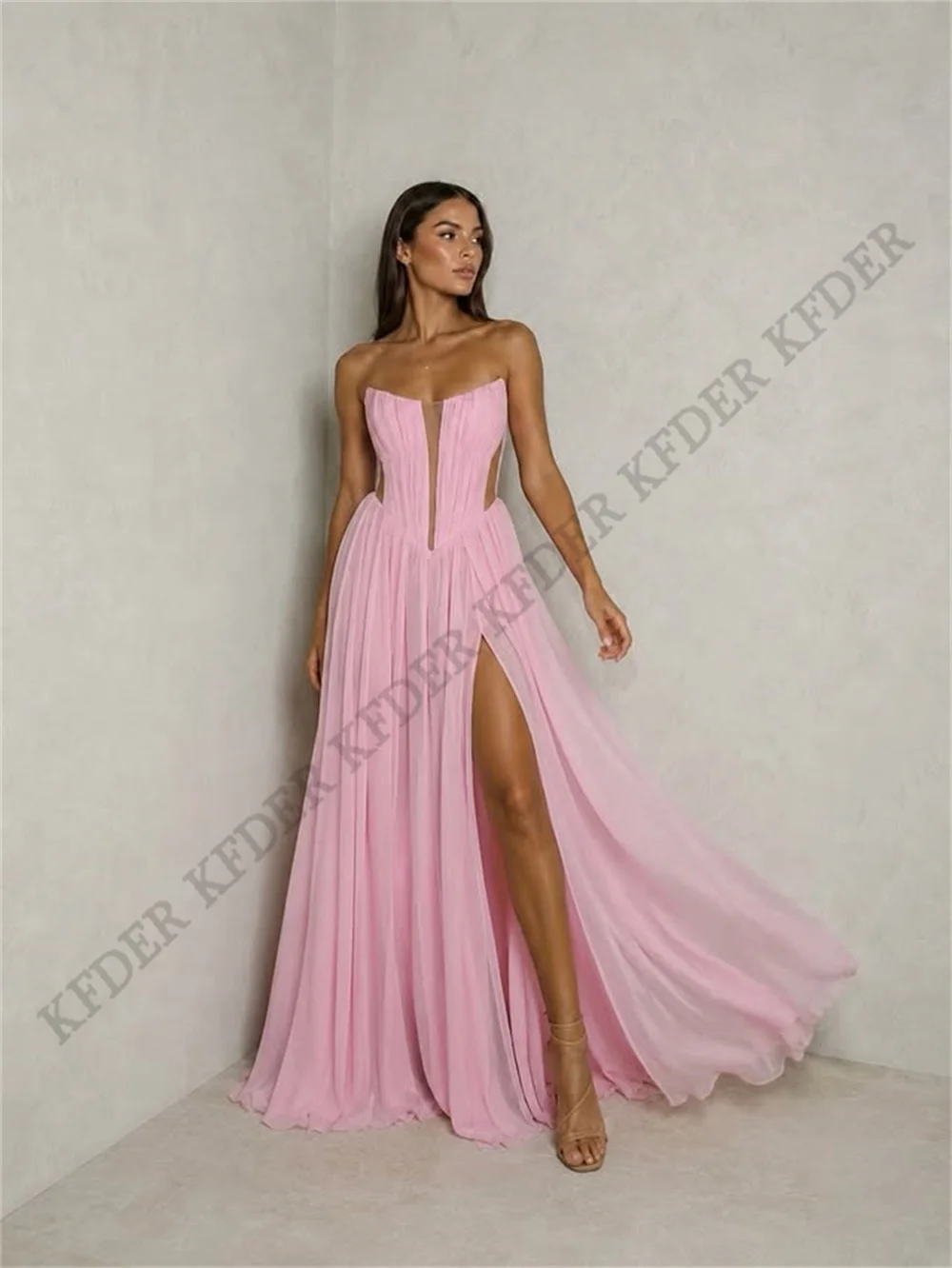 Vintage Pink Chiffon A Line Prom Dress Strapless Sleeveless Women's Evening Gowns High Slit Robes De Soirée Customized
