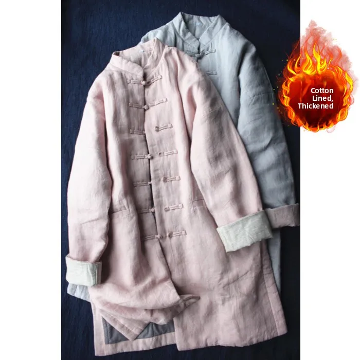 

Женская верхняя одежда из хлопка средней длины Thiened, китайское пальто на пуговицах, однотонное зимнее пальто большого размера, дзен-Дух