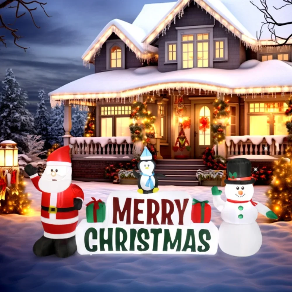 

9.8 FT Lighted Christmas Inflatable Decoration, Inflatable Santa Claus and Snowman Holding Merry Christmas Sign, Funny Blow Up