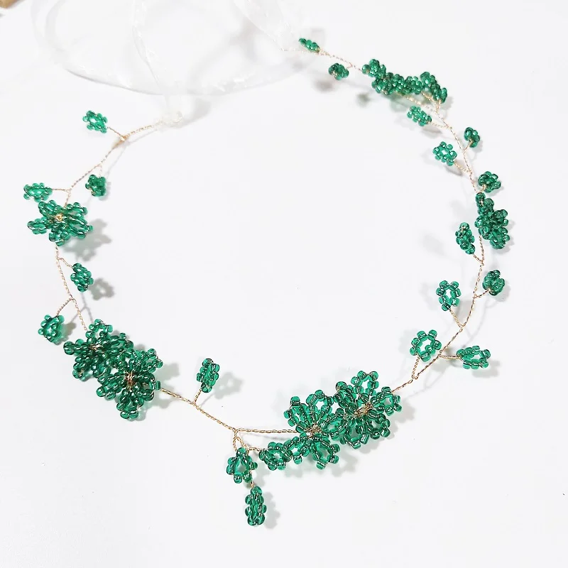 Trendy Pearl Green Color Crystal Flower Wedding Headband Bridal Hairband Tiara Hair Jewelry Women Wedding Hair Ornaments