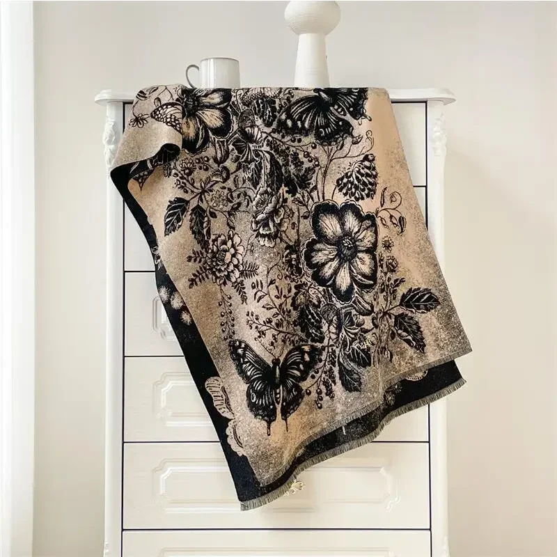 Autumn and winter double-sided imitation cashmere thickened warm scarf ink painting butterfly flying simple and elegant