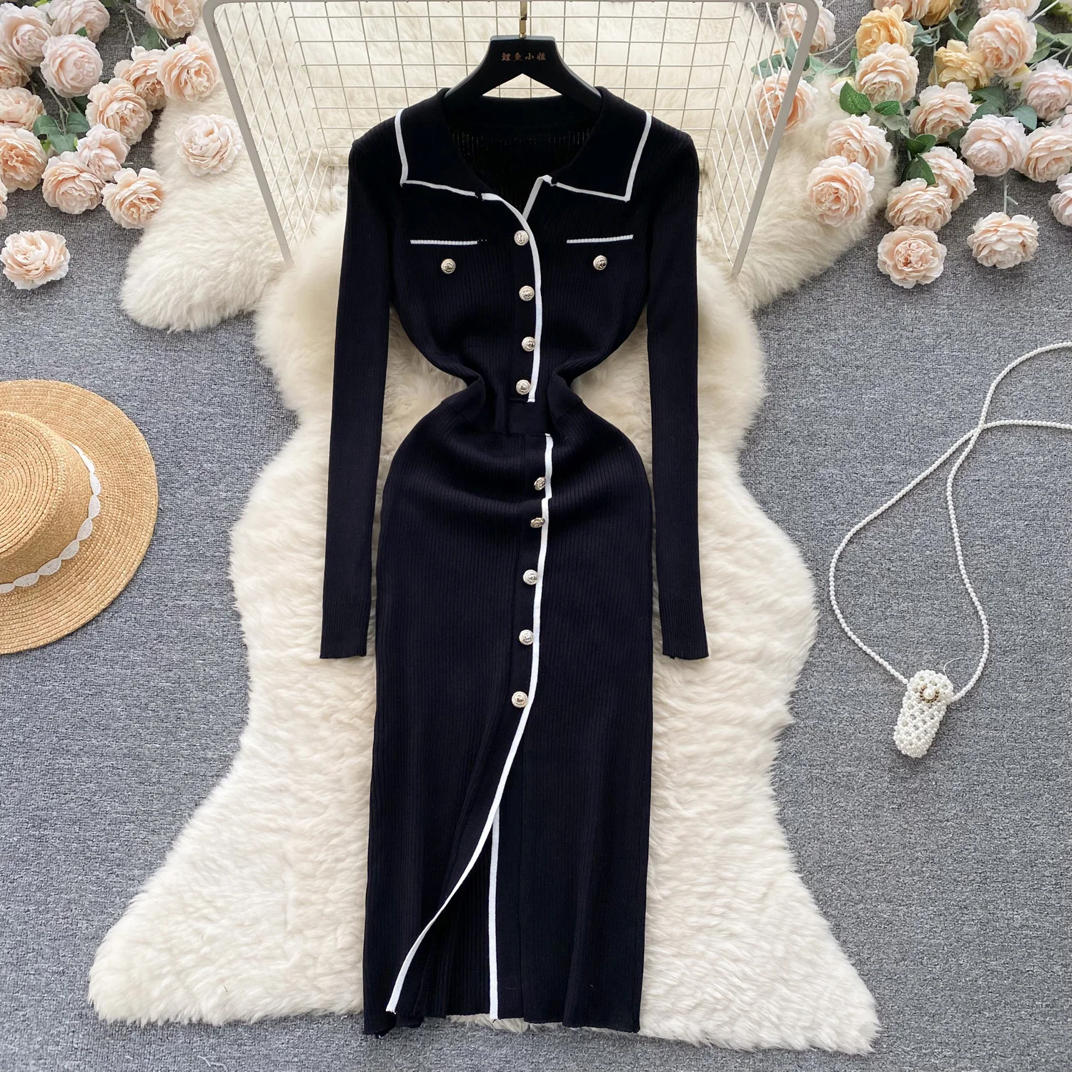 Elegant Sexy Single Breasted Long Sleeve Lapel Split Bodycon Dress French Stretch Knit Tight Vestido Slim Autumn Winter Robe