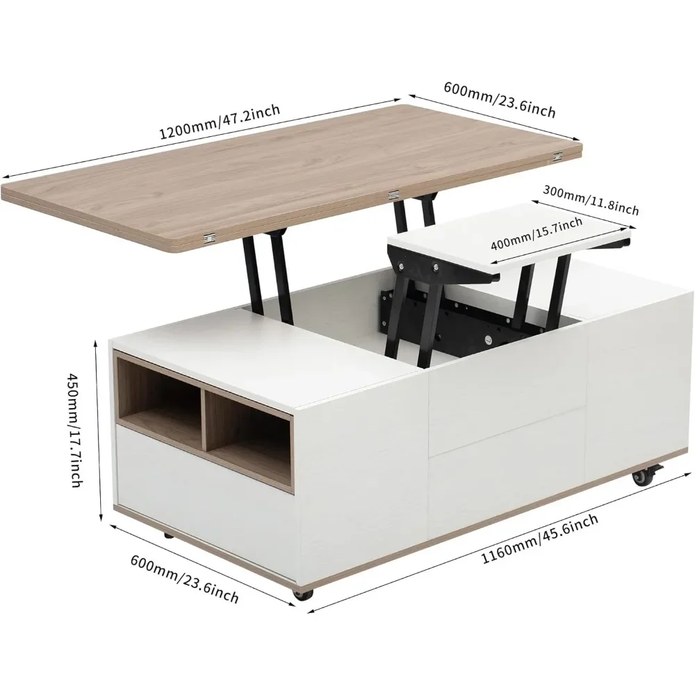 Mesa de centro elevatória com tampo extensível e armazenamento com 3 gavetas, armário |