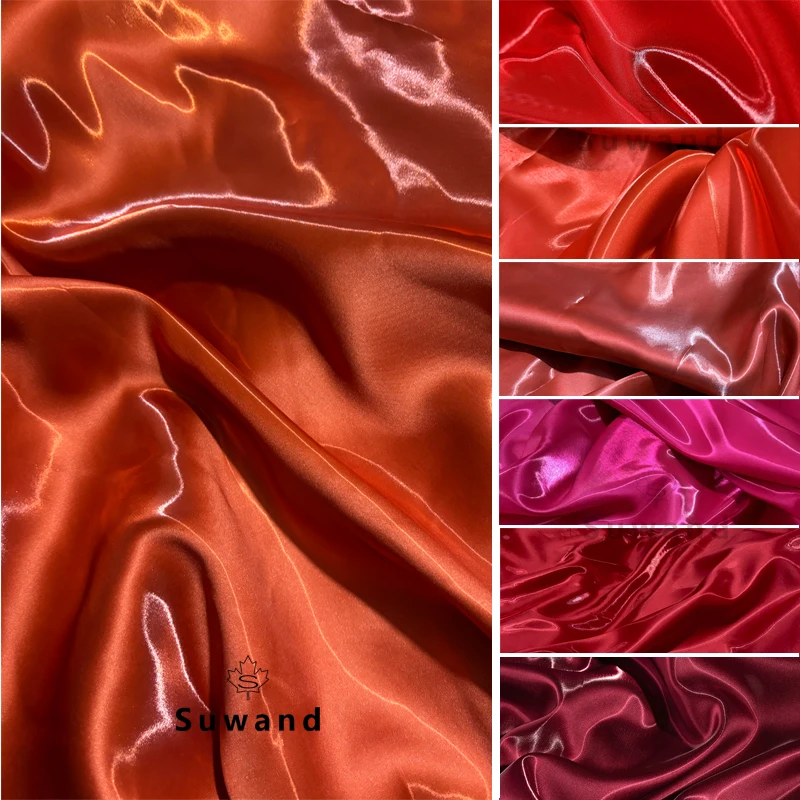 Red Fuchsia Burgundy Glossy Metallic Liquid Satin Fabric Water Gloss Silk Satin for Wedding Dress Suit Clothing Designer DIY