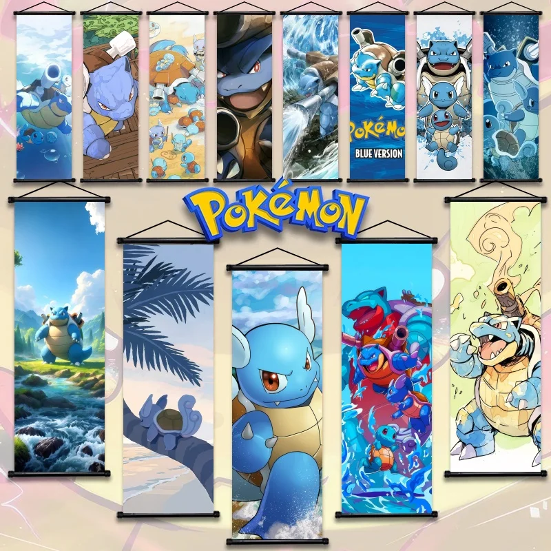 Muestra Squirtle, Wartortle, Blastoise en escenas dinámicas. Estampados vívidos, detalles en negrita. para Fans Agua Amorosa - Tipo Pokémon Power