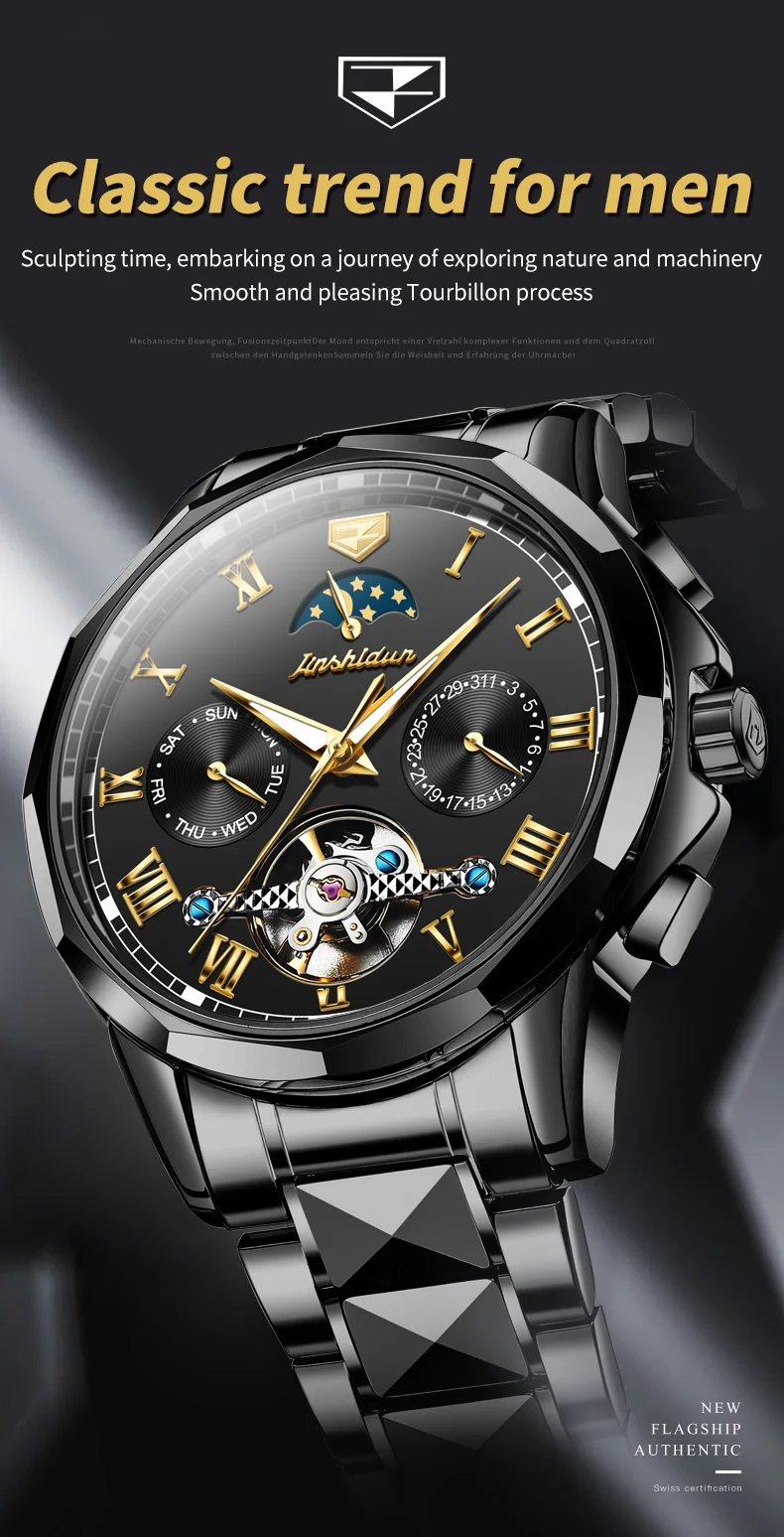 JINSHIDUN 8937 Automatische Herrenuhren Luxus Wolframstahl Skelett-Schwungrad Mondphase Kalender Wasserdichte Mechanische Uhren – Detail 2
