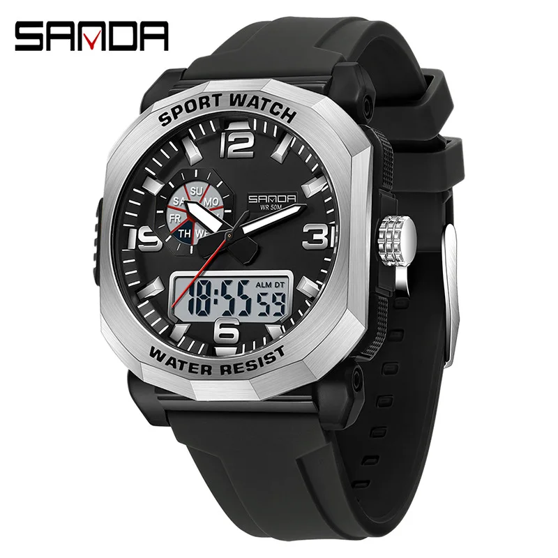Мужские электронные часы SANDA 3370, многофункциональные модные трендовые наручные часы для улицы с двойным дисплеем и силиконовым ремешком для подростков
