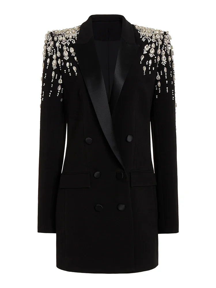 HIGH STREET Newest 2024 Designer Jacket Women\'s Double Breasted Rhinestone Diamonds Beaded Long Blazer Dress