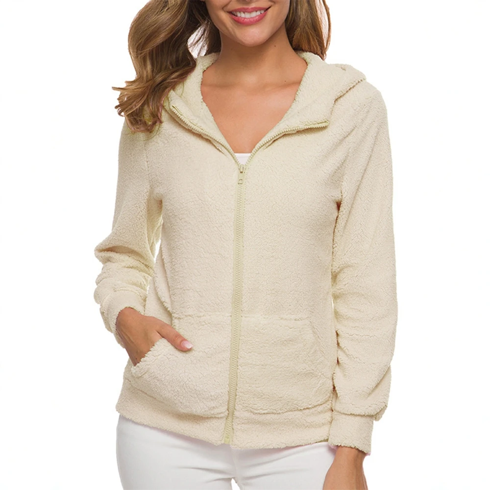 Dámská fleecová bunda s kapucí, podzim/zima 2025, ležérní, pohodlná, měkká, s imitací ovčí kůže, zip na přední straně, boční kapsy - náhled 3