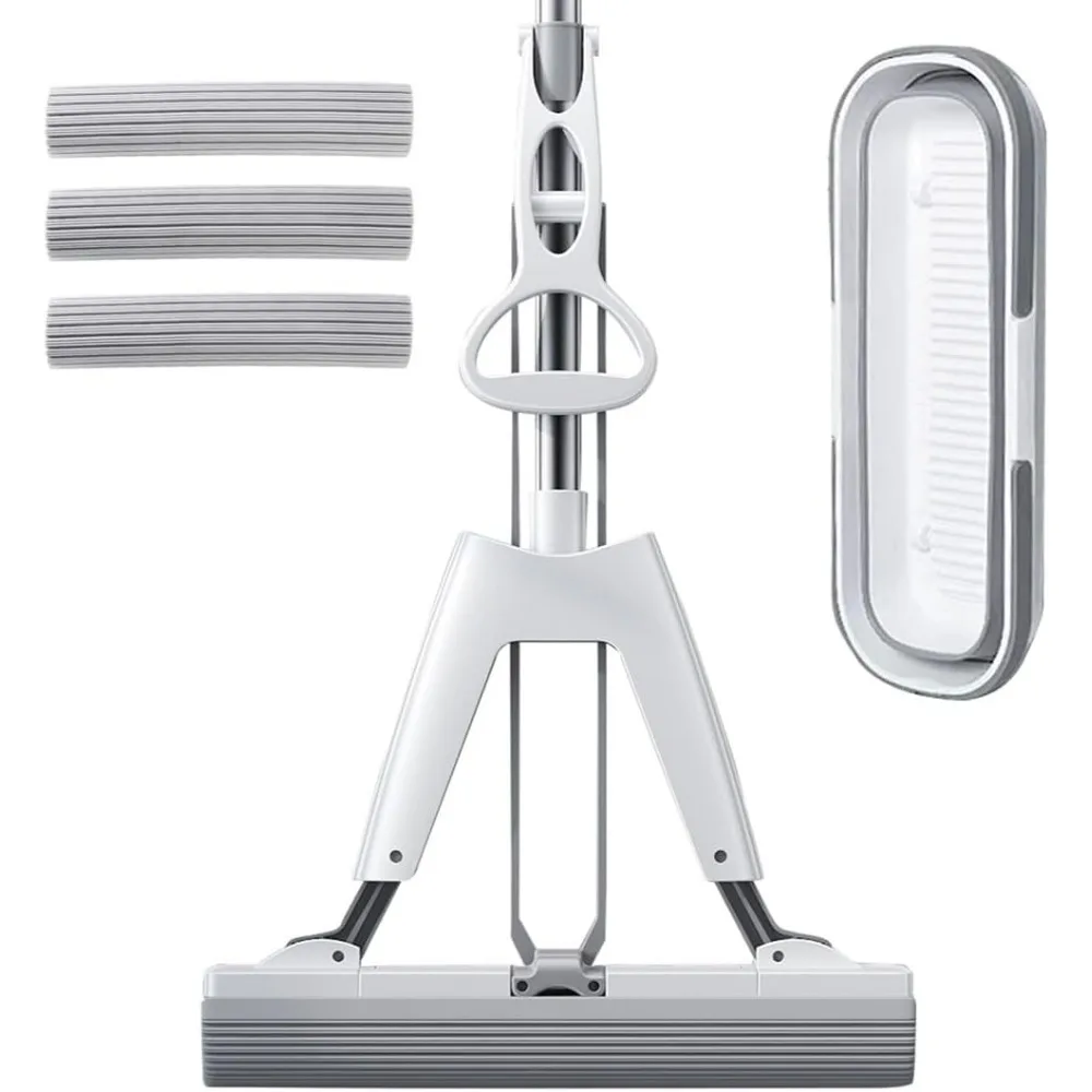 

Compact Self Wring Mop and Bucket Set with 3 Sponge Refills Adjustable Handle for Home Floor Cleaning