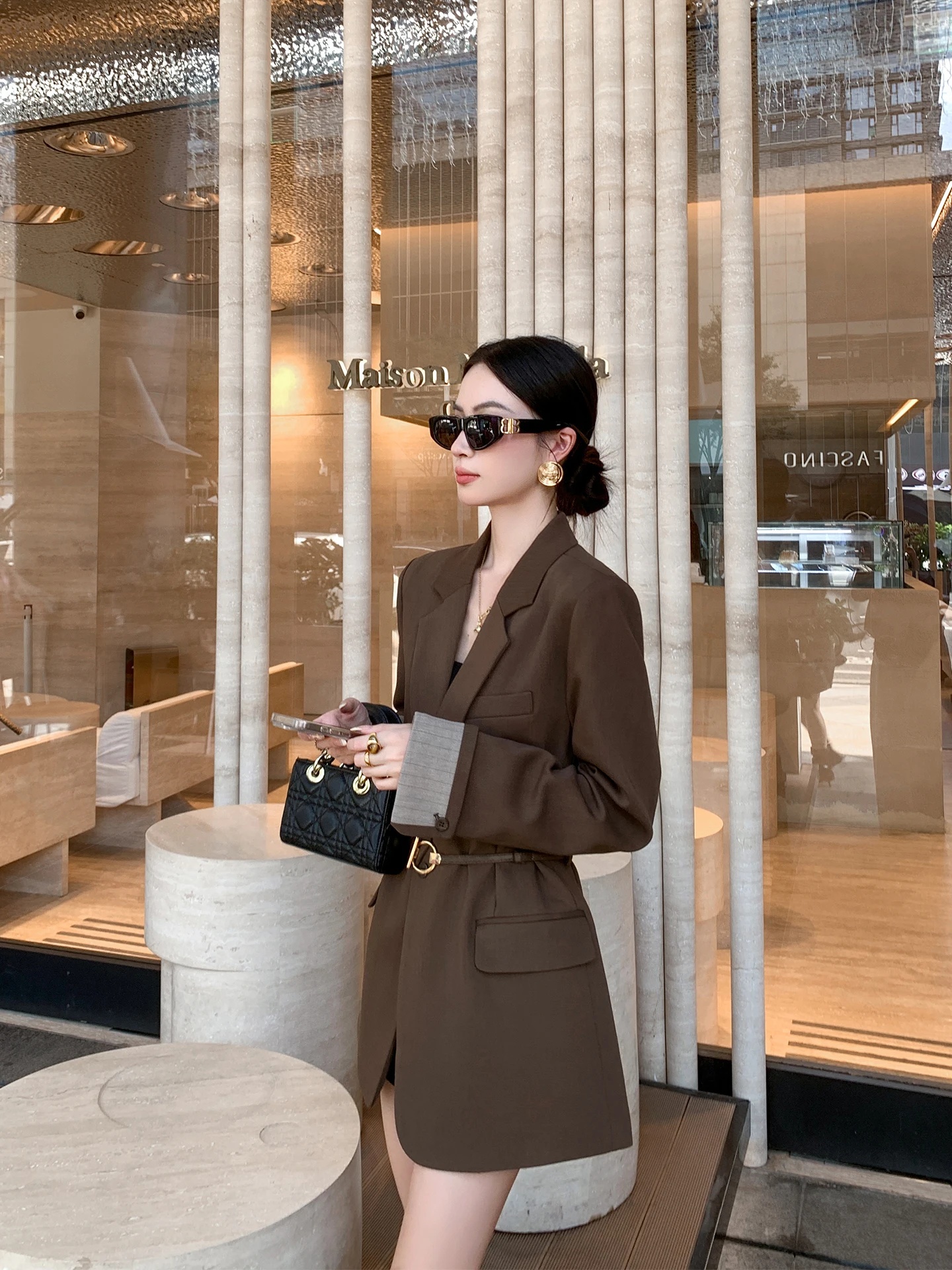 

Binguo Retro Coffee Stripe Flip Sve One Button Women's Casual Outerwear Autumn New Loose Suiting Polyester Fiber Long Sve