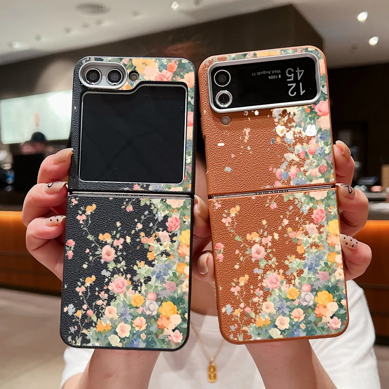 For Samsung Galaxy Z Flip 6 5 4 3 Case Garden Flower Leather Texture Soft Silicone Folding Cover For Samsung Z Flip6 Flip5 Flip4