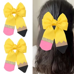 ncmama 2Pcs Back To School Yellow Pencil Shaped Ribbon Bow Hair Clip for Children Cute Glitter Hairpin Headwear Hair Accessories