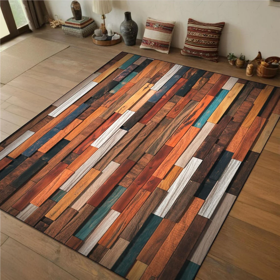 سجادة منطقة طباعة الألواح الخشبية بألوان متعددة سجادة خشبية ريفية للمقصورة أو المقصورة أو سجادة أرضية طبيعية #1